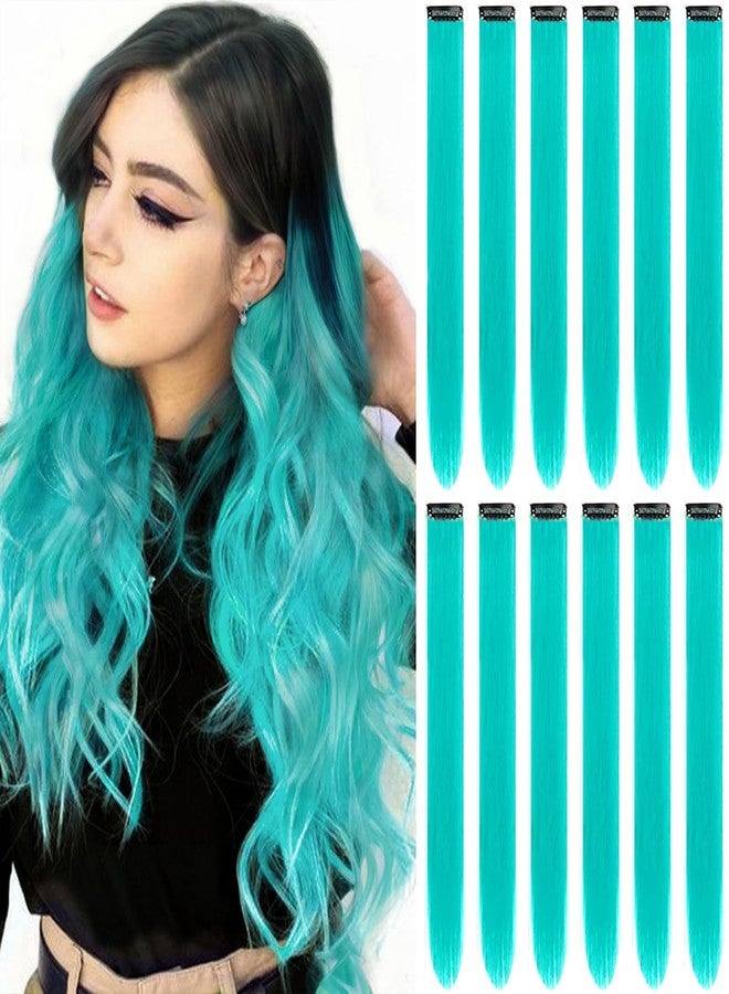 GPOVVIMX 12 PCS Teal Blue Hair Extensions Clip in, Colored Party Highlights Extension for Kids Girls Synthetic Hairpiece Straight 22 inch - Image 1